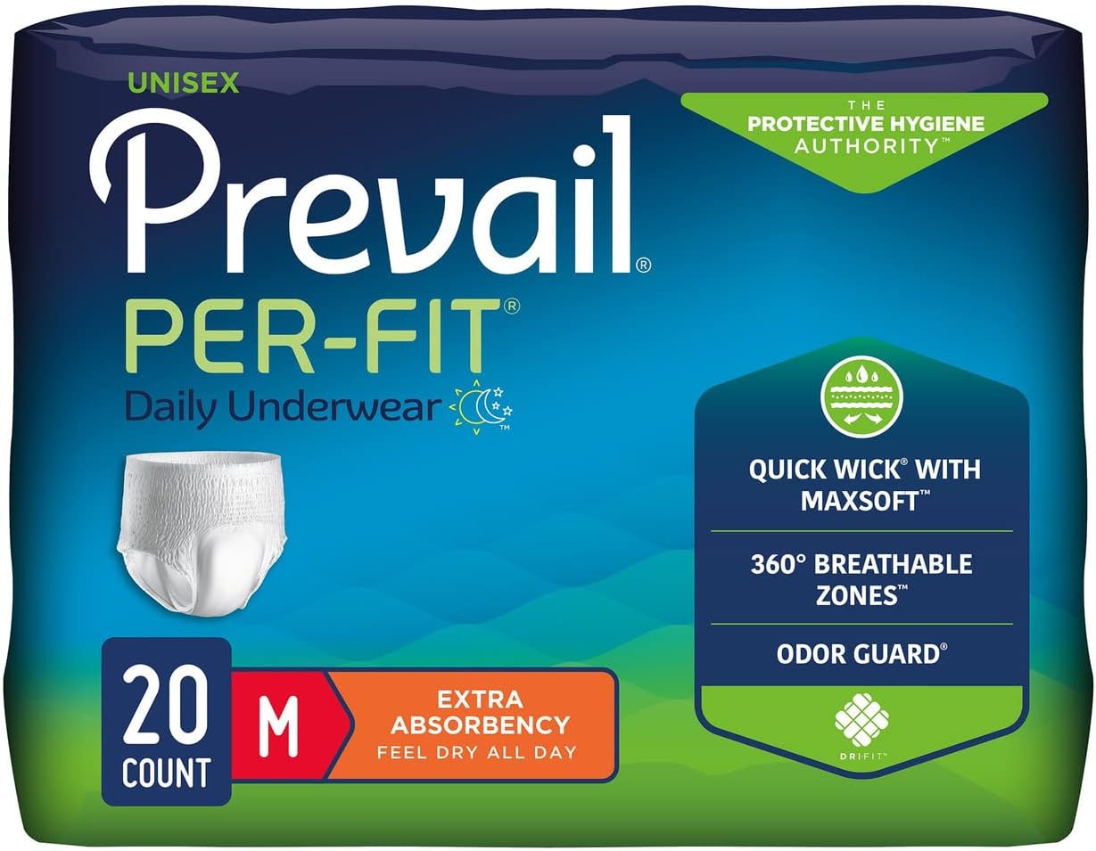 Prevail Per-Fit Daily Protective Underwear, Unisex Adult Disposable Adult Diaper for Men & Women, Extra Absorbency, Medium, 80 Count (4 Packs of 20)