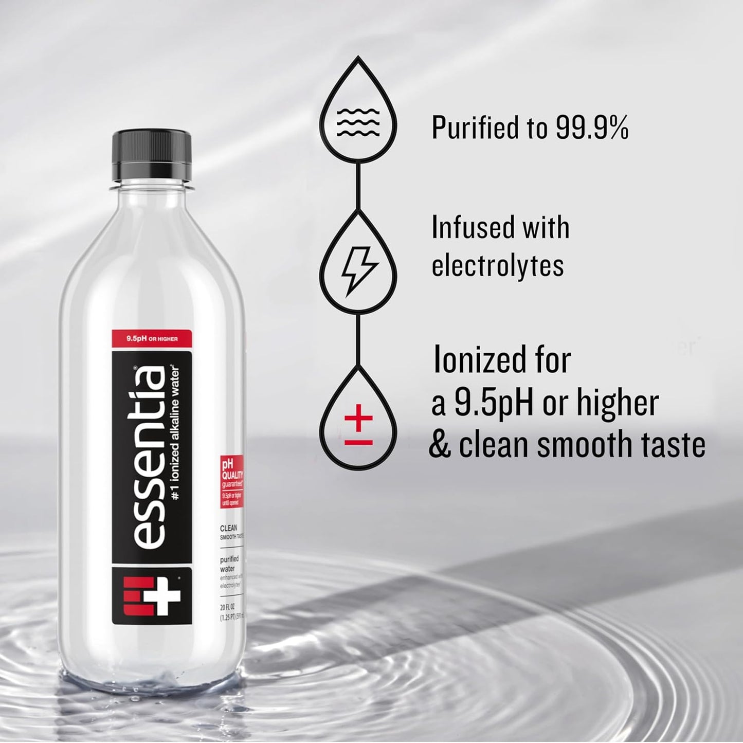 Essentia Bottled Water LLC, Ionized Alkaline Water; 99.9% Pure, Infused with Electrolytes, 9.5 pH or Higher a Clean, Smooth Taste, 20 Fl Oz (Pack of 24)