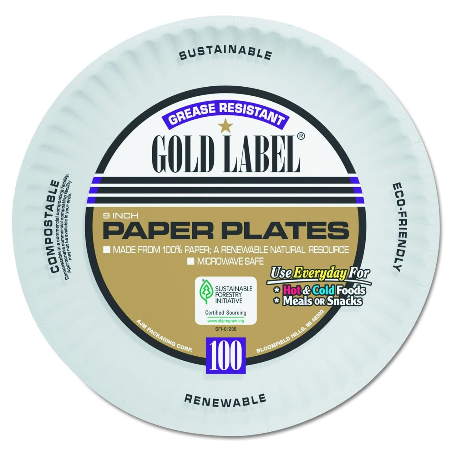 AJM Packaging CP9GOAWH Gold Label White Coated Paper Plate, 9" Diameter (12 Packs of 100)