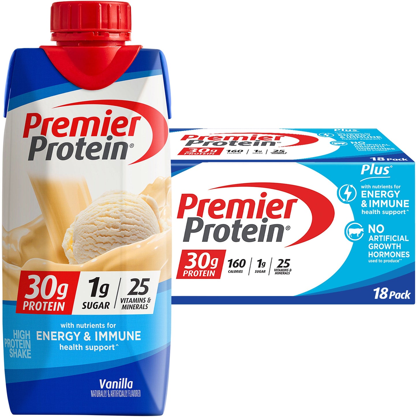 Premier 30g Protein PLUS Energy and Immune Support Shakes, Vanilla, 11 fl oz, 18-pack