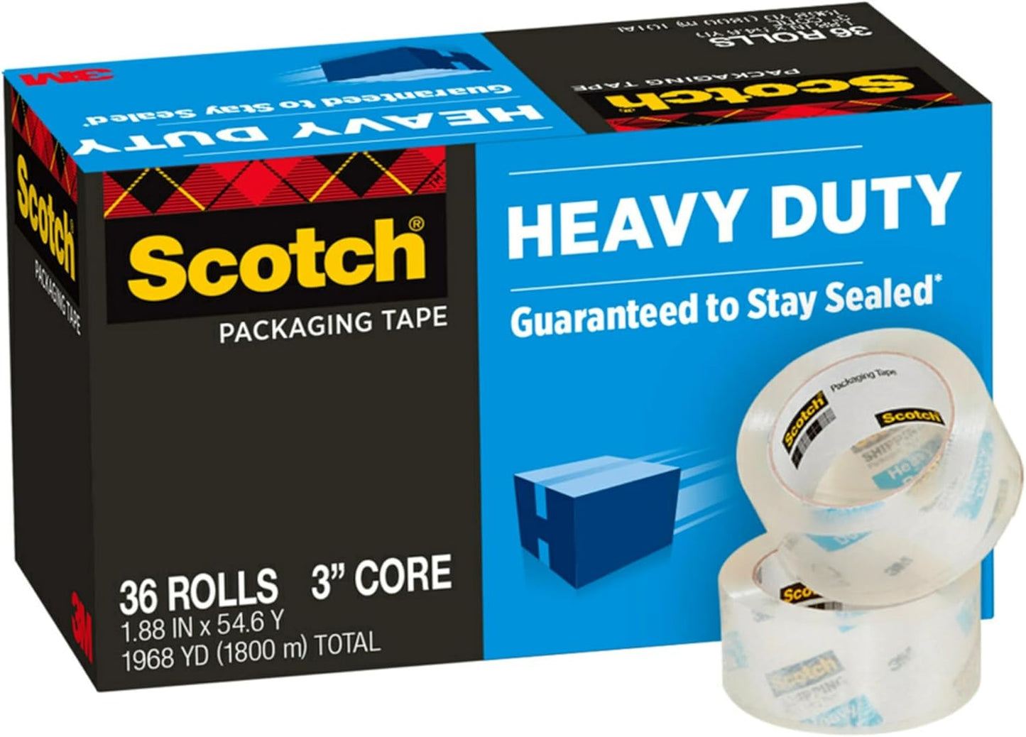 Scotch Heavy Duty Shipping Packing Tape, Clear, Shipping and Packaging Supplies, 1.88 in. x 54.6 yd., 36 Refill Tape Rolls