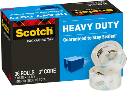 Scotch Heavy Duty Shipping Packing Tape, Clear, Shipping and Packaging Supplies, 1.88 in. x 54.6 yd., 36 Refill Tape Rolls