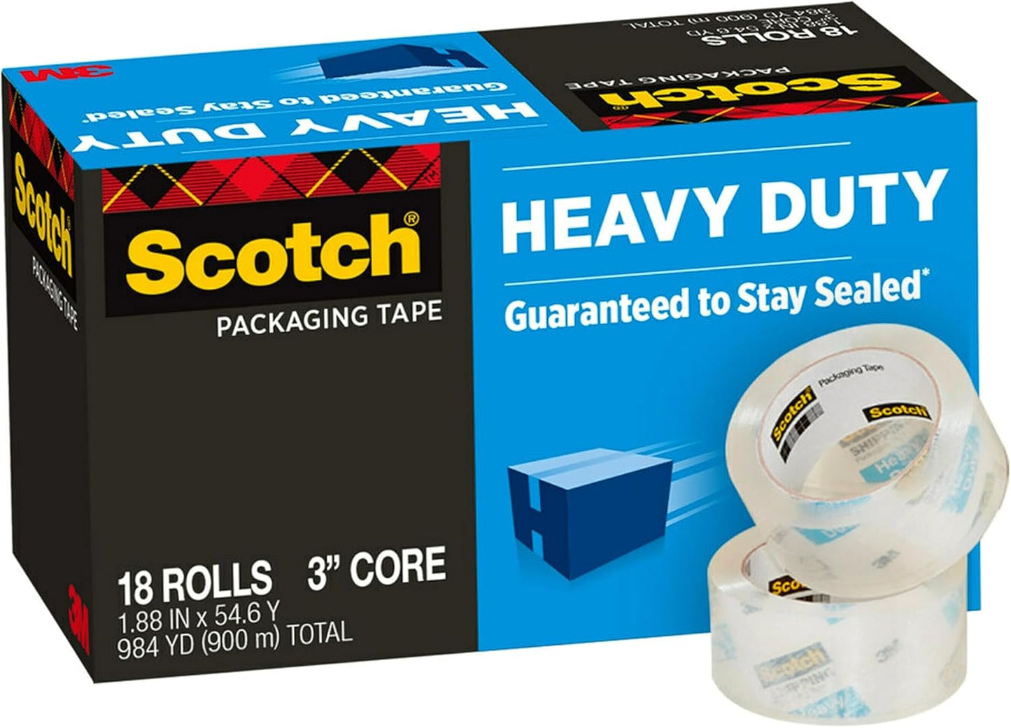 Scotch Heavy Duty Shipping Packing Tape, Clear, Shipping and Packaging Supplies, 1.88 in. x 54.6 yd., 18 Tape Rolls