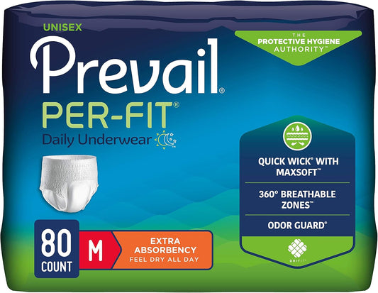 Prevail Per-Fit Daily Protective Underwear, Unisex Adult Disposable Adult Diaper for Men & Women, Extra Absorbency, Medium, 80 Count (4 Packs of 20)