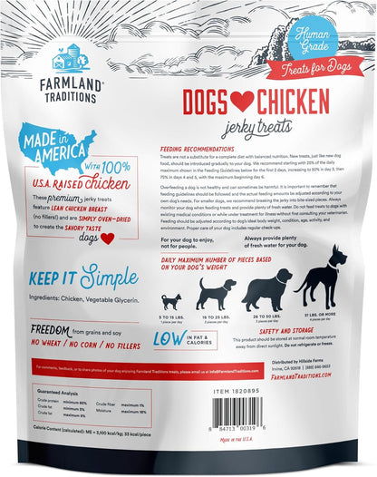 Farmland Traditions Dogs Love Chicken Jerky Dog Treats, Premium Two-Ingredient Dog Jerky with USA-Raised Chicken & No Antibiotics Ever, 3-Pound Bag