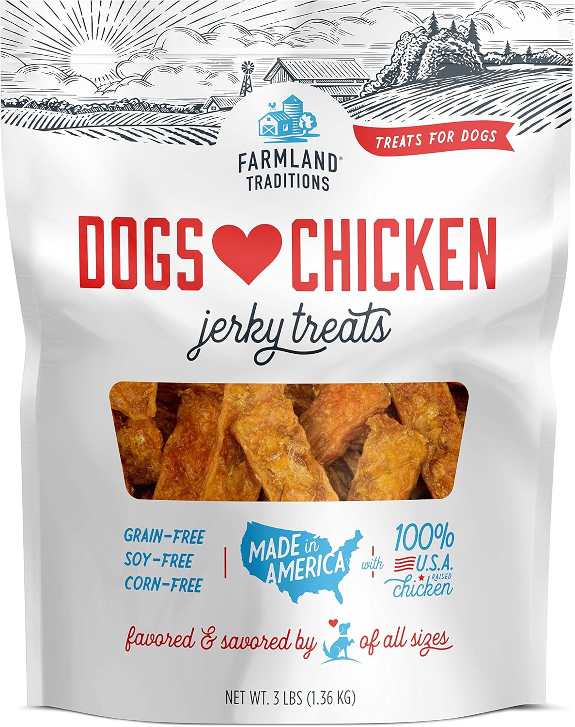 Farmland Traditions Dogs Love Chicken Jerky Dog Treats, Premium Two-Ingredient Dog Jerky with USA-Raised Chicken & No Antibiotics Ever, 3-Pound Bag