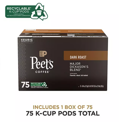 Peet's Coffee Dark Roast K-cup Pods, Major Dickason's Blend (75 ct .)