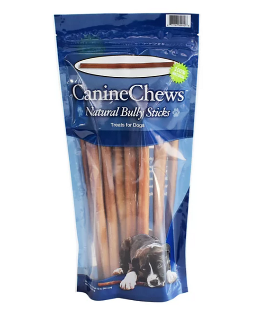 Canine Chews Natural 12" Bully Sticks Dog Treats, Beef Flavor (12 Sticks)