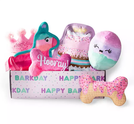 Happy Barkday Birthday Girl Box Dog Toy Bundle, 6-Piece Set (Pink)