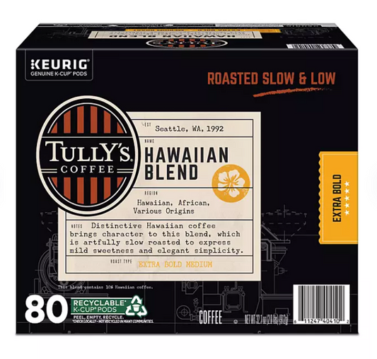 Tully's Coffee Medium Roast K-Cup Pods, Hawaiian Blend, 80 ct.