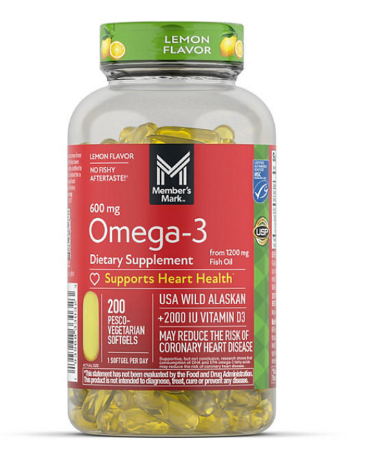 Member's Mark 600mg Omega-3 from Fish Oil with 50 mcg Vitamin D3 Softgels, 200 ct.