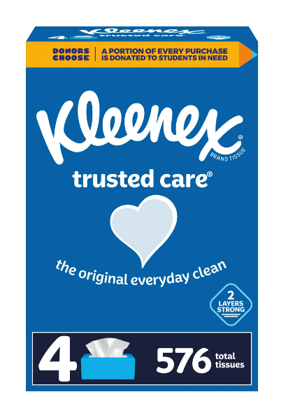 Kleenex Trusted Care Facial Tissues, 4 Flat Boxes, 144 White Tissues per Box, 2-Ply (576 Total)