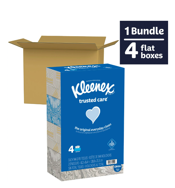 Kleenex Trusted Care Facial Tissues, 4 Flat Boxes, 144 White Tissues per Box, 2-Ply (576 Total)